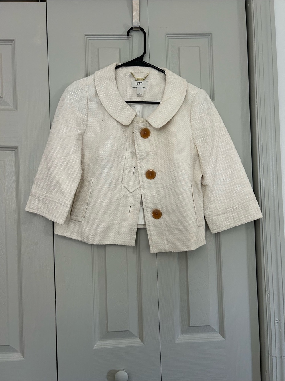 LOFT Cream Cropped Textured Blazer with Wood Buttons